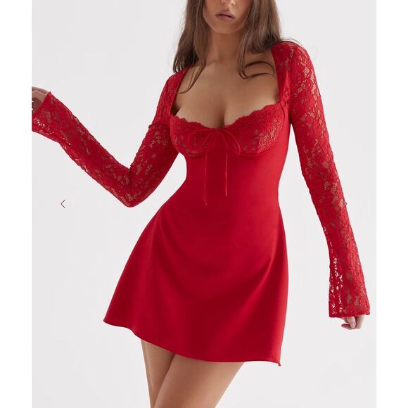 NWT House of CB Jennica Red Lace Sleeve Bustier Satin Mini Dress M - Picture 3 of 15